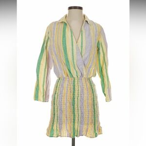 Zara Long Sleeve Striped Dress in Green, Yellow, and Cream